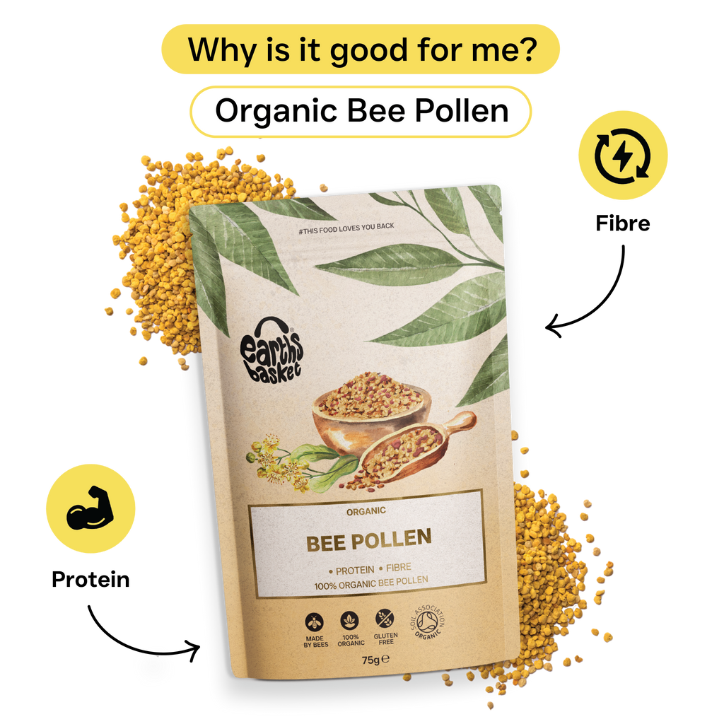 A package of Bee Pollen with text, logos and splash of Bee Pollen