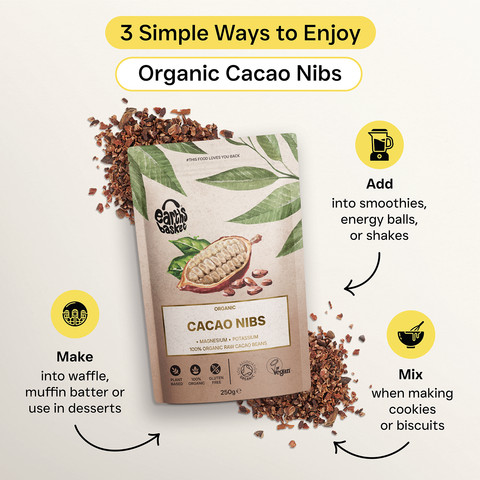 A package of Cacao Nibs with text logos and splashed Cacao nibs