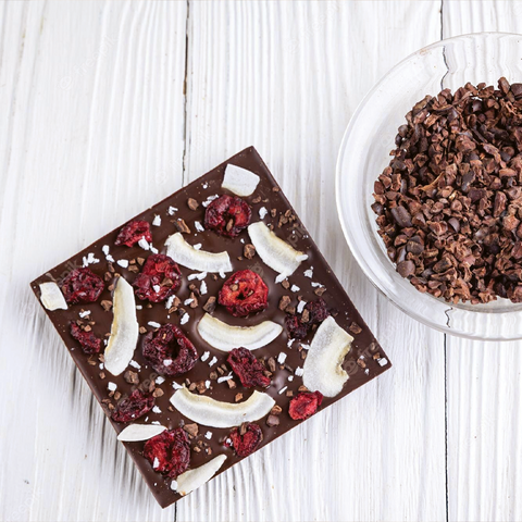 Brownie with raspberries and Cacao nibs