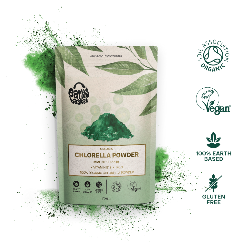 A package of Chlorella powder with text, logos and splash of green powder 