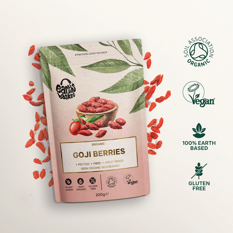 A package of Goji Berries with text logos and scattered goji berries