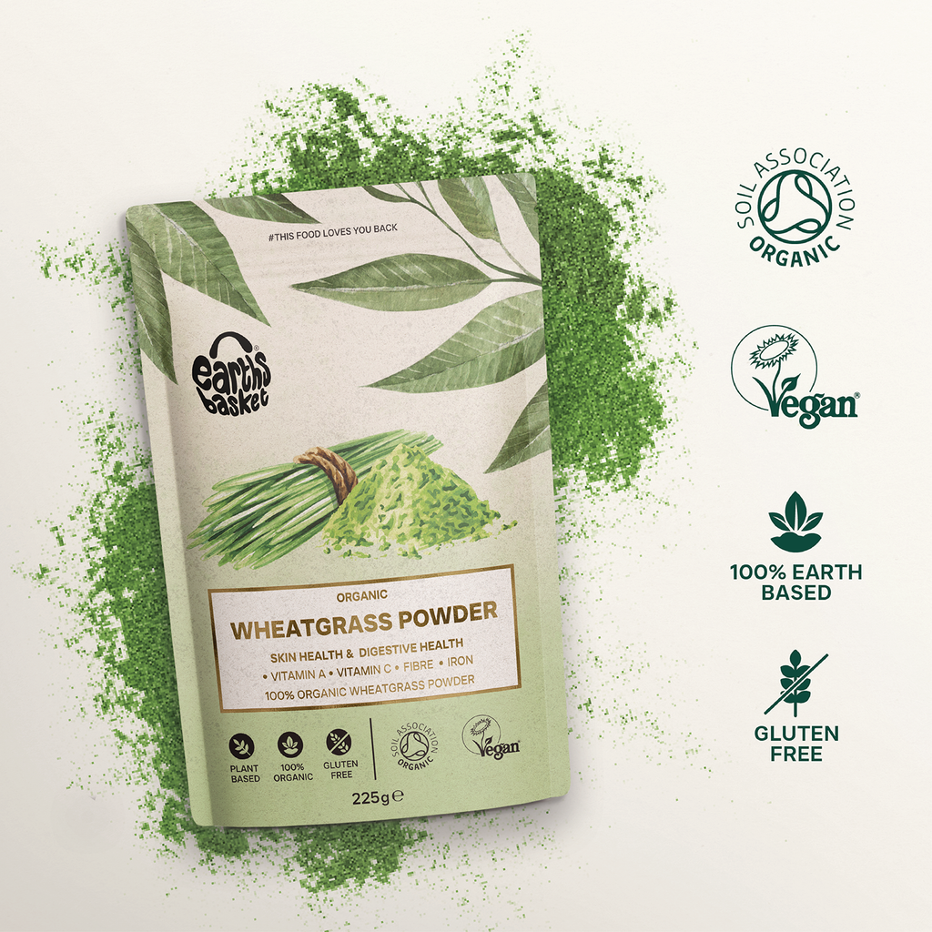 A package of Wheatgrass Powder with logos and splashes Wheatgrass powder