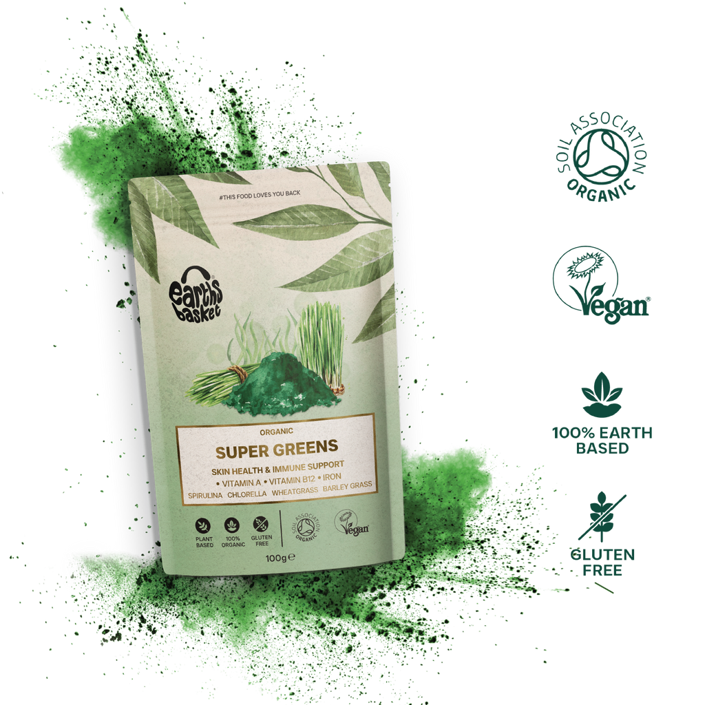 A packaging of Green Powder with logos, text and splash of free powder in the background