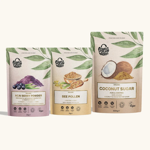 Three unique coconut sugar packaging designs: Bee Pollen, Acai Berry, and Coconut sugar. Beautiful pastel colors, watercolor ingredient images, and product benefits and certifications shared. 