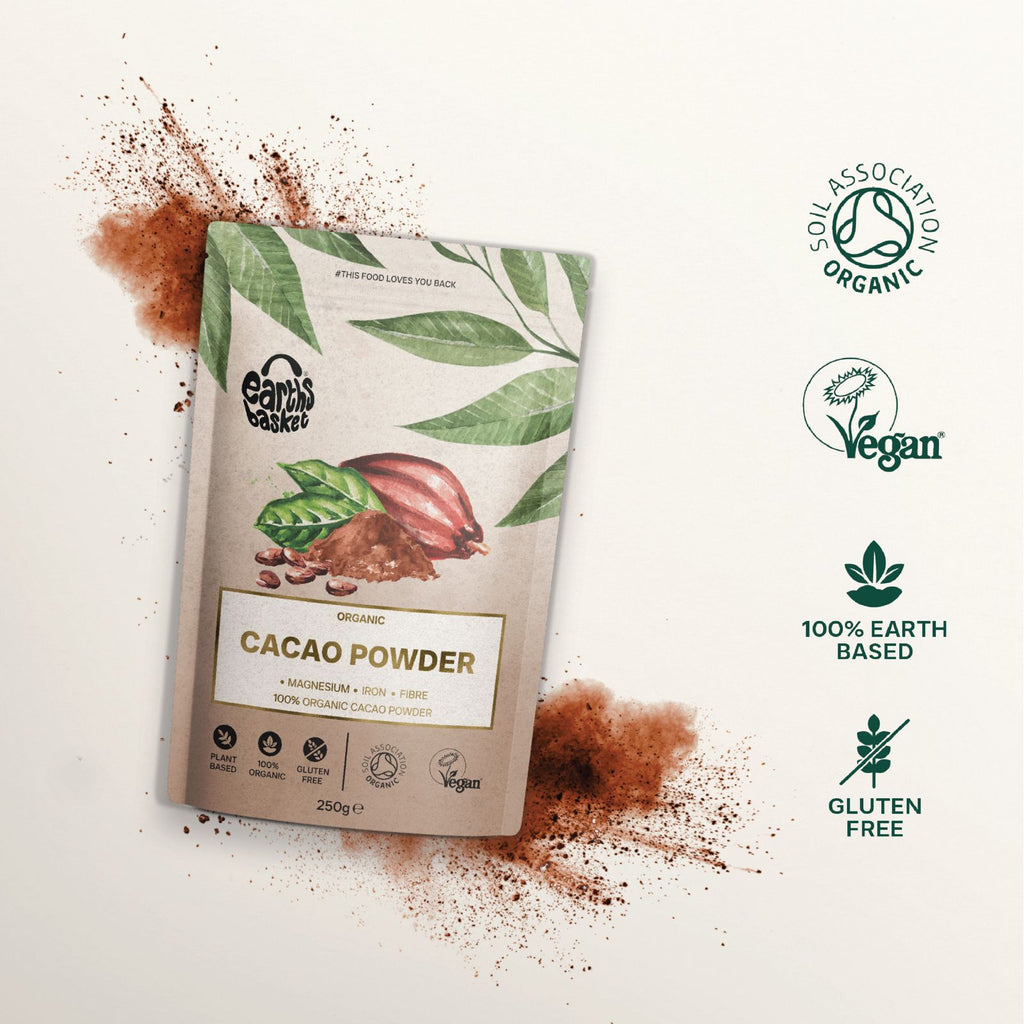 A package of Cacao powder with text & logos with logos and a splash of chocolate powder 